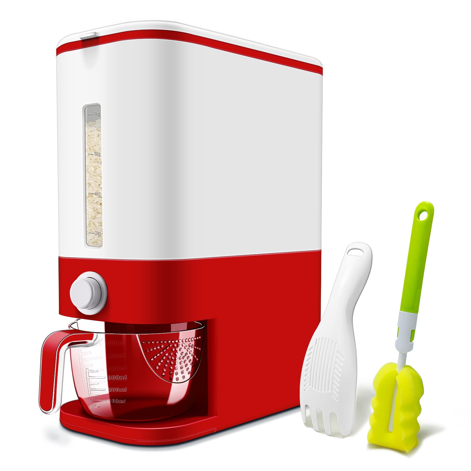 Photo 1 of Lenwi 22-25 Lbs Rice Dispenser, Large Cereal Dry Food Storage Containers with Measuring Cup, BPA-Free Household for Kitchen Pantry Organization-Red