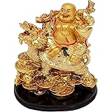 GJ Feng Shui Laughing Buddha with Dragon Tortoise on Bed of Wealth - Golden (14 CM)