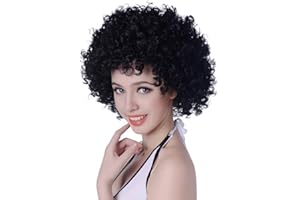 AICKER Short Kinky Curly Afro Wig for Women Men, 70s Synthetic Heat Resistant Wigs, Funny Party Cosplay Hair (Black)