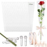AKLVBL Flower Sleeves for Bouquets 100 Pcs Clear Single Rose Sleeve with 100 Pcs Floral Water Tubes for Bouquets and 40 Yards Light Pink Ribbon for Gift Wrapping for Gift, Florist, DIY, Wedding, Festival
