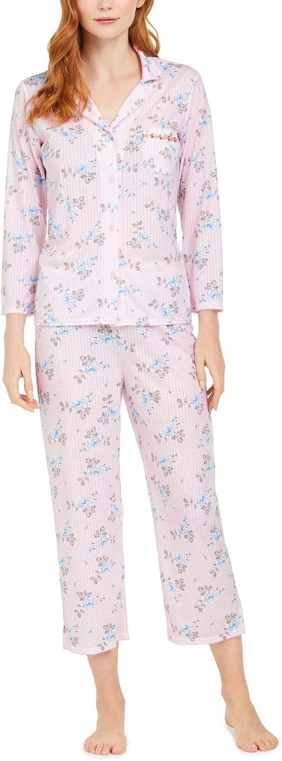 Miss Elaine Women's FloralPrint Knit Capri Pajamas Set (Blue/Pink, X
