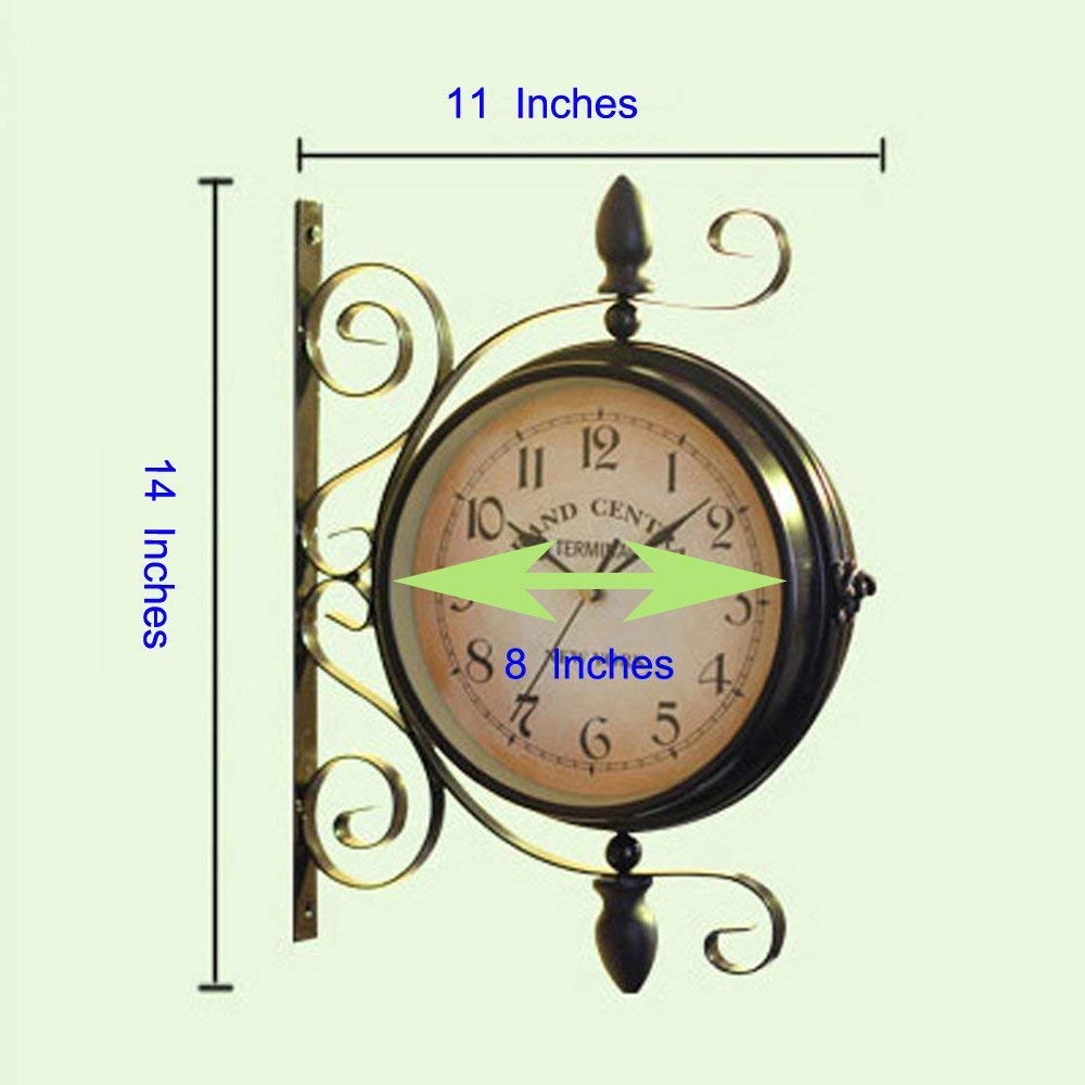 wooch Wrought Iron Antique-Look Brown Round Wall Hanging Double Sided Two Faces Retro Station Clock Round Chandelier Wall Hanging Clock with Scroll Wall Side Mount Home Décor Wall Clock 8-inch