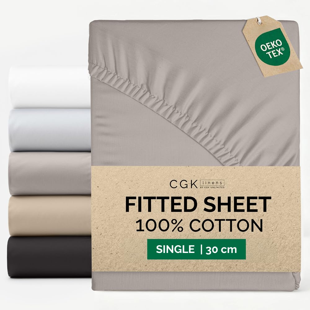 Single Fitted Sheet 90x190 cm - 100% Cotton Sateen 400 Thread Count - Deep Fitted Sheet for Mattresses up to 30 cm (12")- Soft, Breathable & Wrinkle Free - Hotel Quality - OEKO-TEX - Light Grey