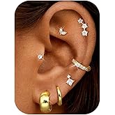 Florideco Small Stud Hoop Earrings for Women - Hypoallergenic 14K Gold Plated Surgical Steel Flat Back Earrings, Stackable Cartilage Earring Sets for Multiple Piercing Trendy Earring Stacks, 7 Pairs