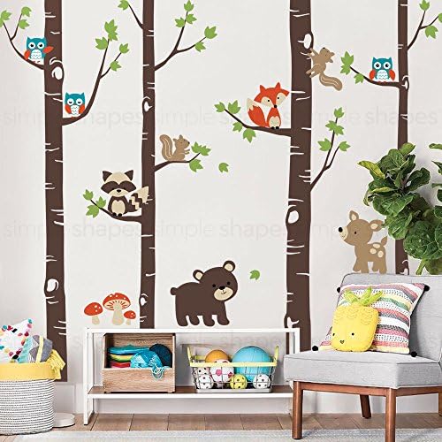 Simple Shapes Birch Trees with Cute Forest Animals Wall Decal - Scheme A - 108" (274 cm) Tall Trees