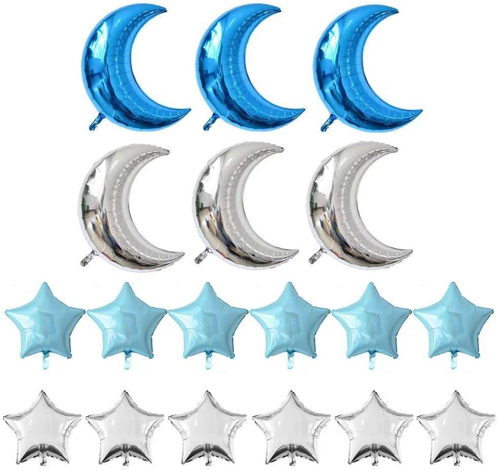 Crescent Moon Shaped Mylar Balloons 36 inch Moon and Star Party Balloons Pack of 18 for Birthday Party Anniversary Celebrate Parties Wedding Baby Shower Decorations (Blue and Silver)