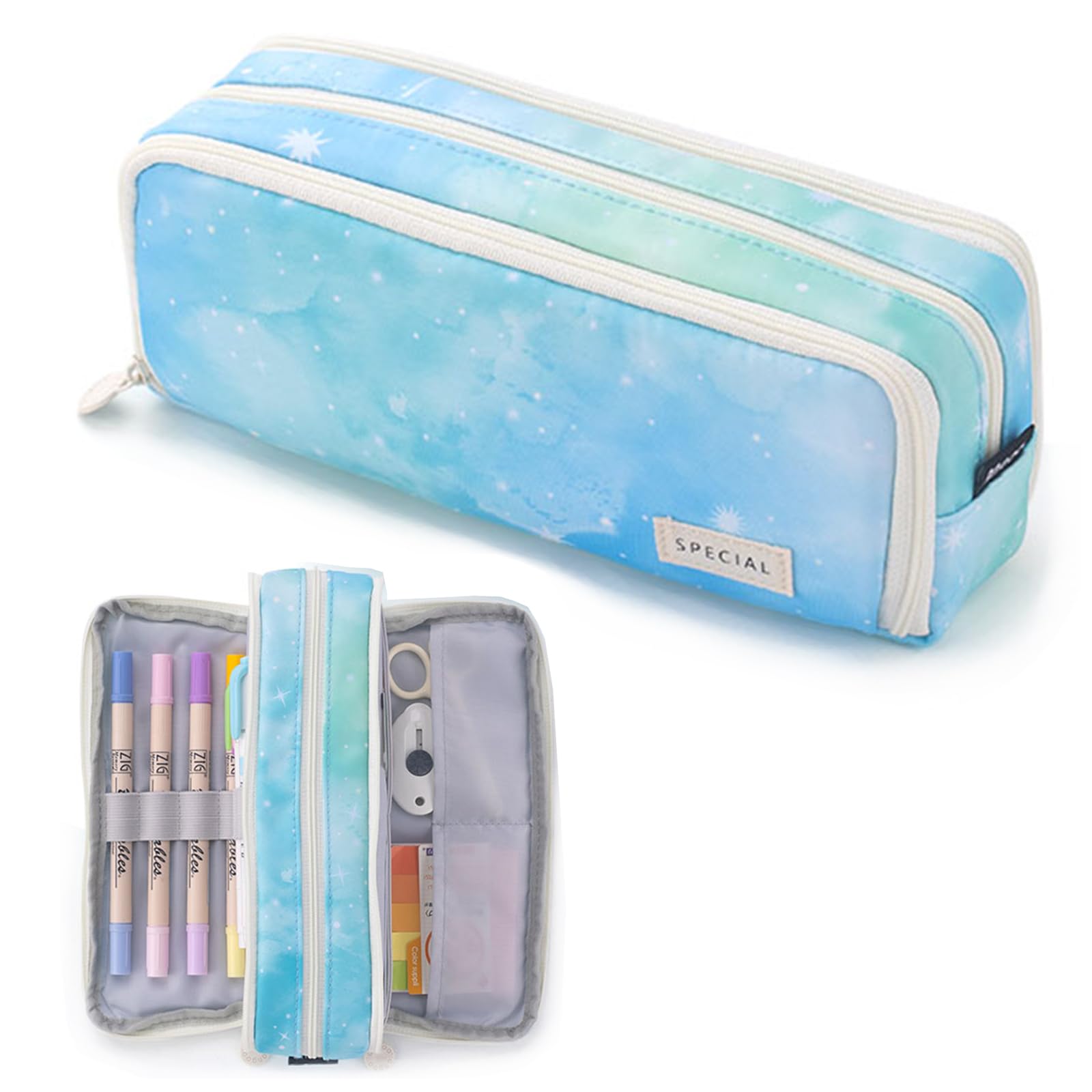 X SIM FITNESSX Pencil Case for Teens Girls 3 Compartments Large Capacity School Office Blue Starry Sky Pencil Case