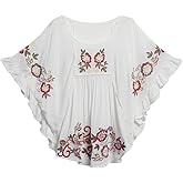 Kafeimali Women's Tops Embroidered Loose Peasant Mexican Blouse Shirt