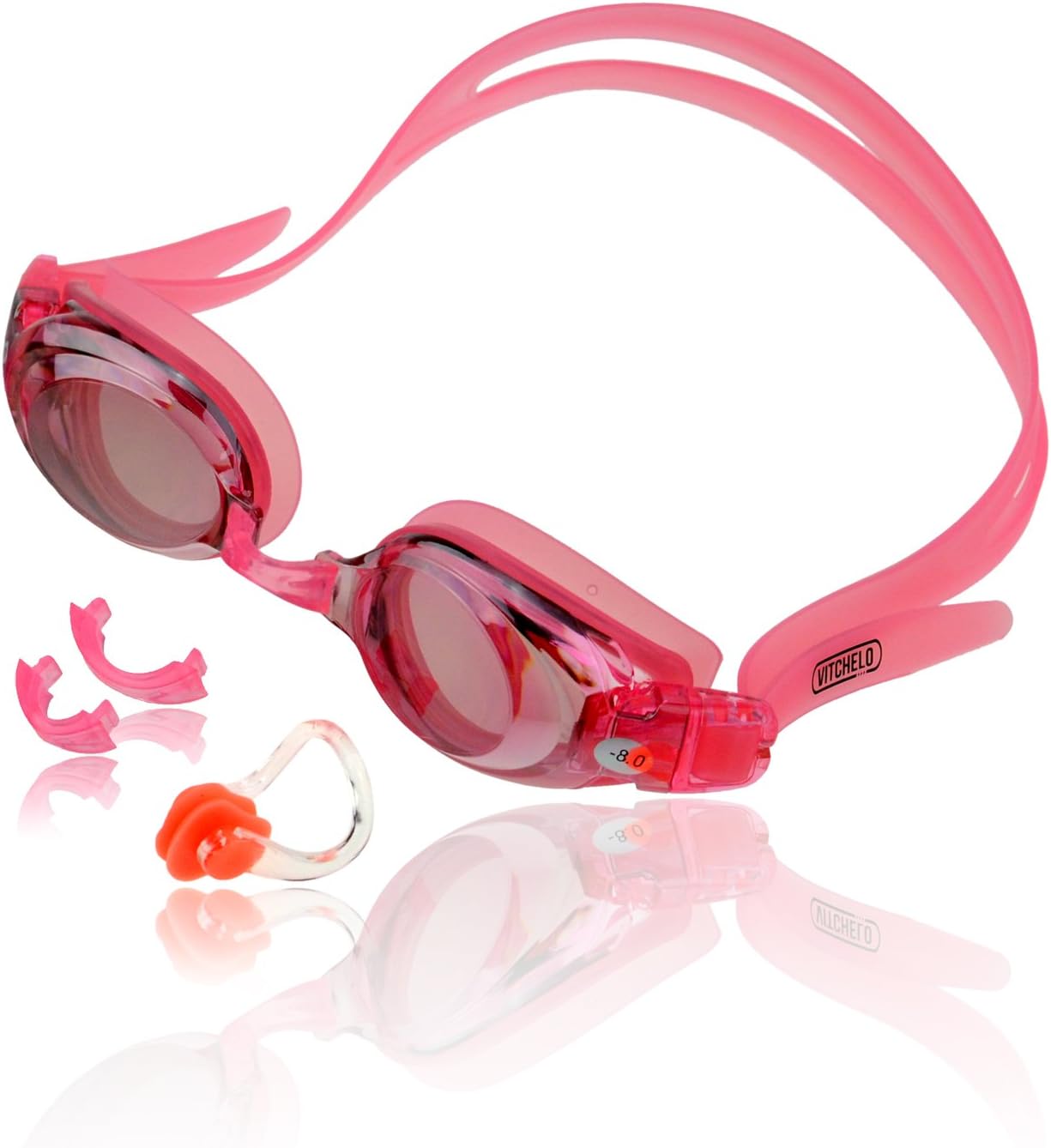 Best Value Mirrored Leakproof Anti-fog UV Protection Prescription Swim Goggles with Free Nose Clip - Corrective Myopia Swimming Goggles for Men & Women with Custom Diopter Level - Lifetime Warranty! (Red, -8.0)