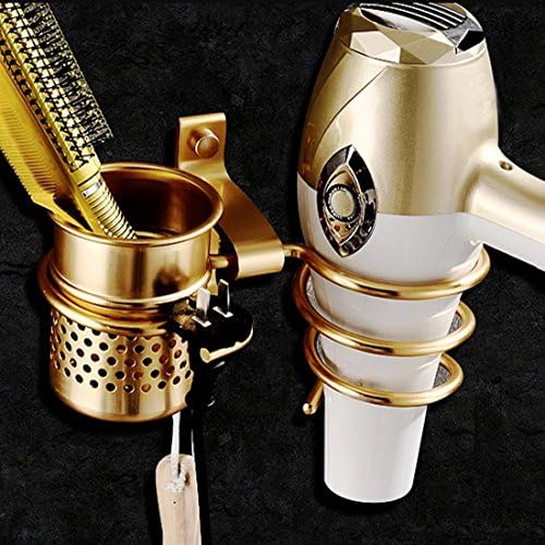 Hair Dryer Holder, Wall Mount Golden Color Hair Dryer Hanging Rack With Organizer Cup and Hook for Plug, Hair Blow Dryer Shelf for Bathroom Washroom Storage Accessories (Golden)