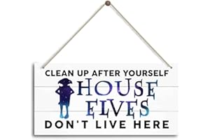 HILUS Clean up after yourself House elves don't live here Sign, Funny Rustic Kitchen Decor for Counter, Farmhouse Kitchen Sign, Kitchen Decoration for Kitchen Wall Decor, Kitchen Counter Decor.