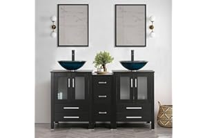 U-EWAY 60" Black Bathroom Vanity ,Double Vanity,0.5"Tempered Glass Vessel Sink (Light Blue),ORB Faucet,Drain Parts,Bathroom Vanity Top,Glass Sink Bowl,Removable Vanity Pedestal,MDF board,Mirror,Mounting Ring