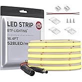 BTF-LIGHTING FCOB COB LED Strip 528LED/m Flexible High Density Uniform Light 14W/m 16.4FT DC24V Warm White 3000K CRI 90+ 10mm Width for Home Indoor Decoration(No Adapter or Controller)
