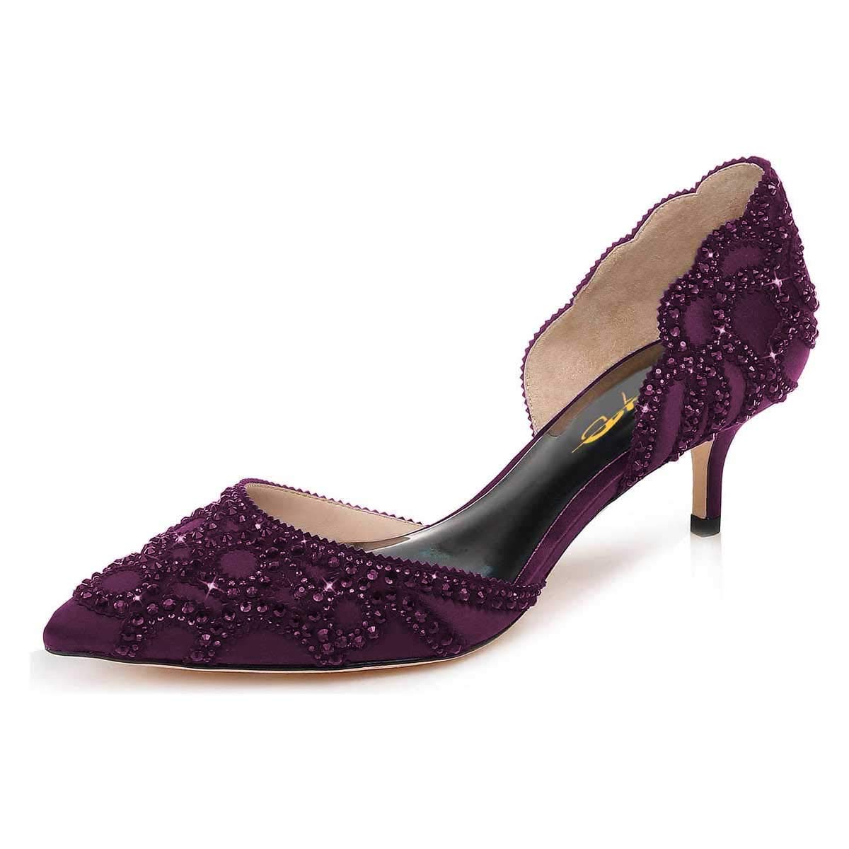 Photo 1 of XYD Women's Pumps, Elegant Pointed Toe, D'Orsay Kitten Low Heels, Rhinestone Studs, Slip-On Satin Shoes for Wedding (Size 12, Dark Purple)