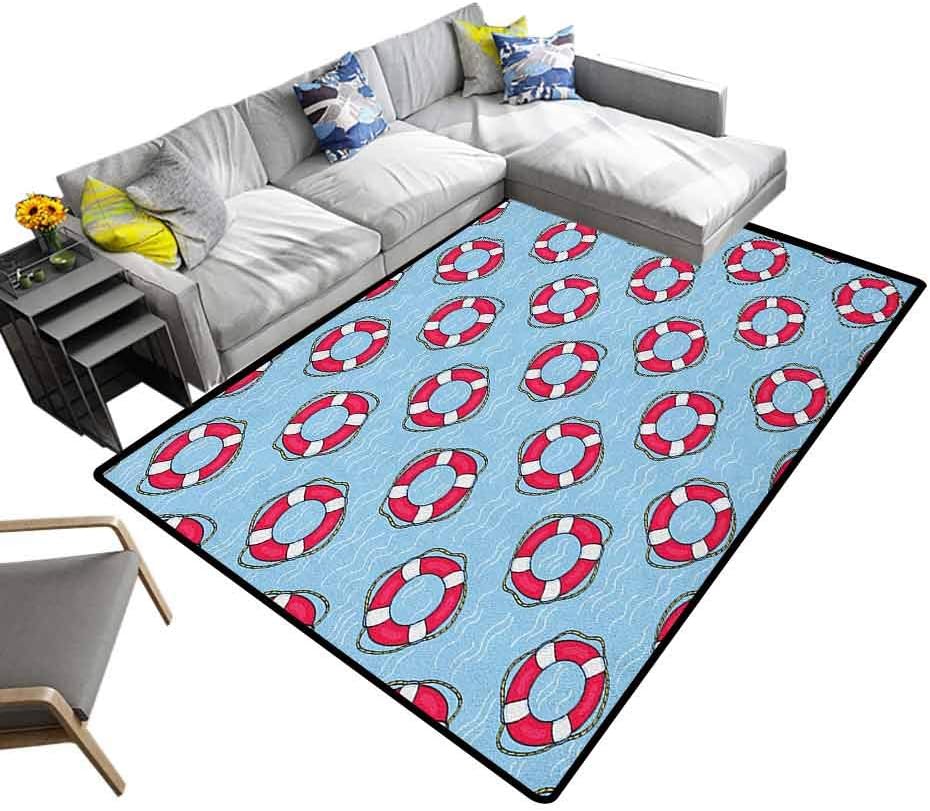 Buoy Area Rug Pattern with Lifebuoys Floating in Ocean Swimming Urgency SOS Protection Printing Rug Pads Pale Blue Pink White (5'x8')