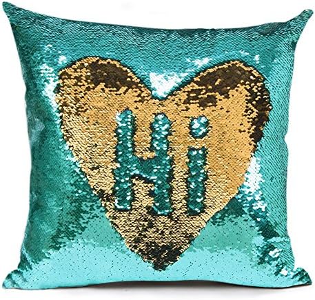 URSKYTOUS Reversible Sequin Pillow Case Decorative Mermaid Pillow Cover Color Changing Cushion Throw Pillowcase 16โ x 16โ,Turquoise and Gold