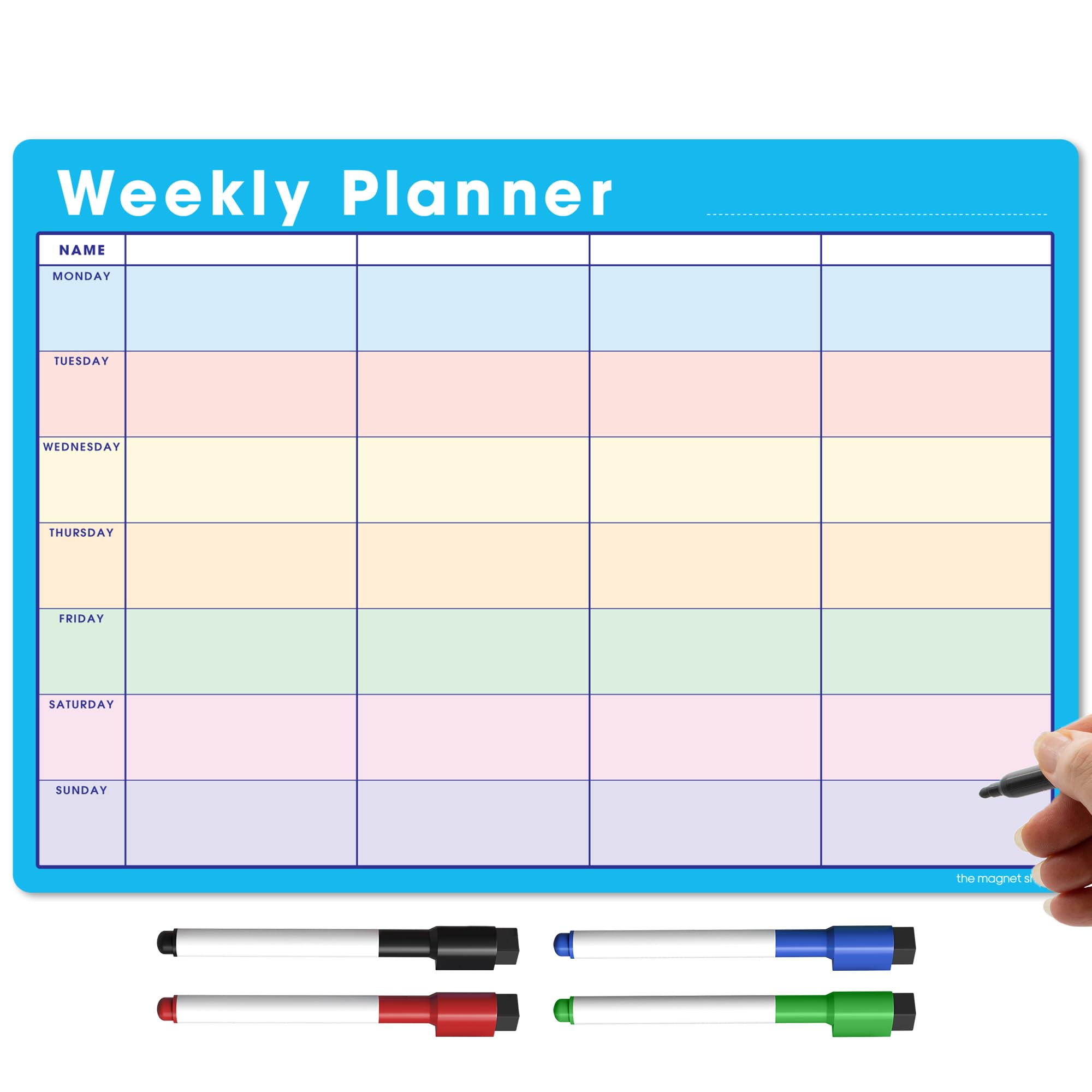 TMS A3 Magnetic Weekly Planner and Organiser – Fully Customisable Whiteboard for Family or Business Tasks and Meal Planning - with 4 Free Magnetic Dry Wipe Pen (Blue - Multi-Coloured, A3) — image 1