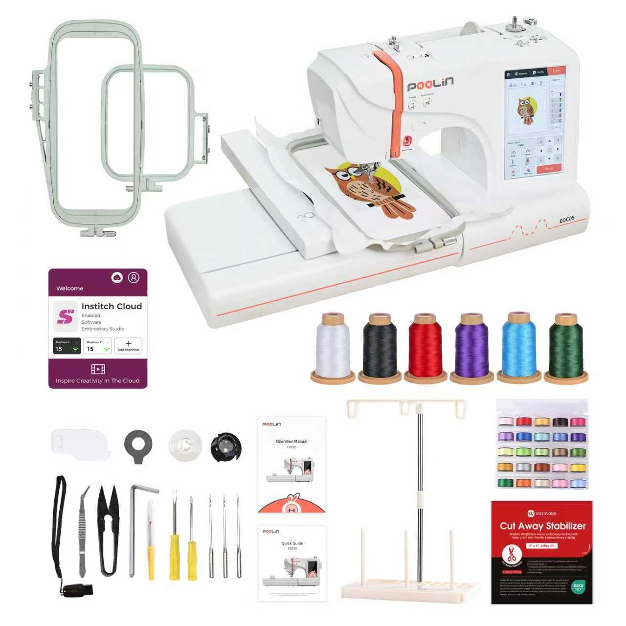 Poolin EOC05 Embroidery Machine Maximum embroidery area 4x9.25inch, 7 Inch Touch Screen Comes with WiFi Design Transfer, Includes All Accessories Supplies and Training for Beginners