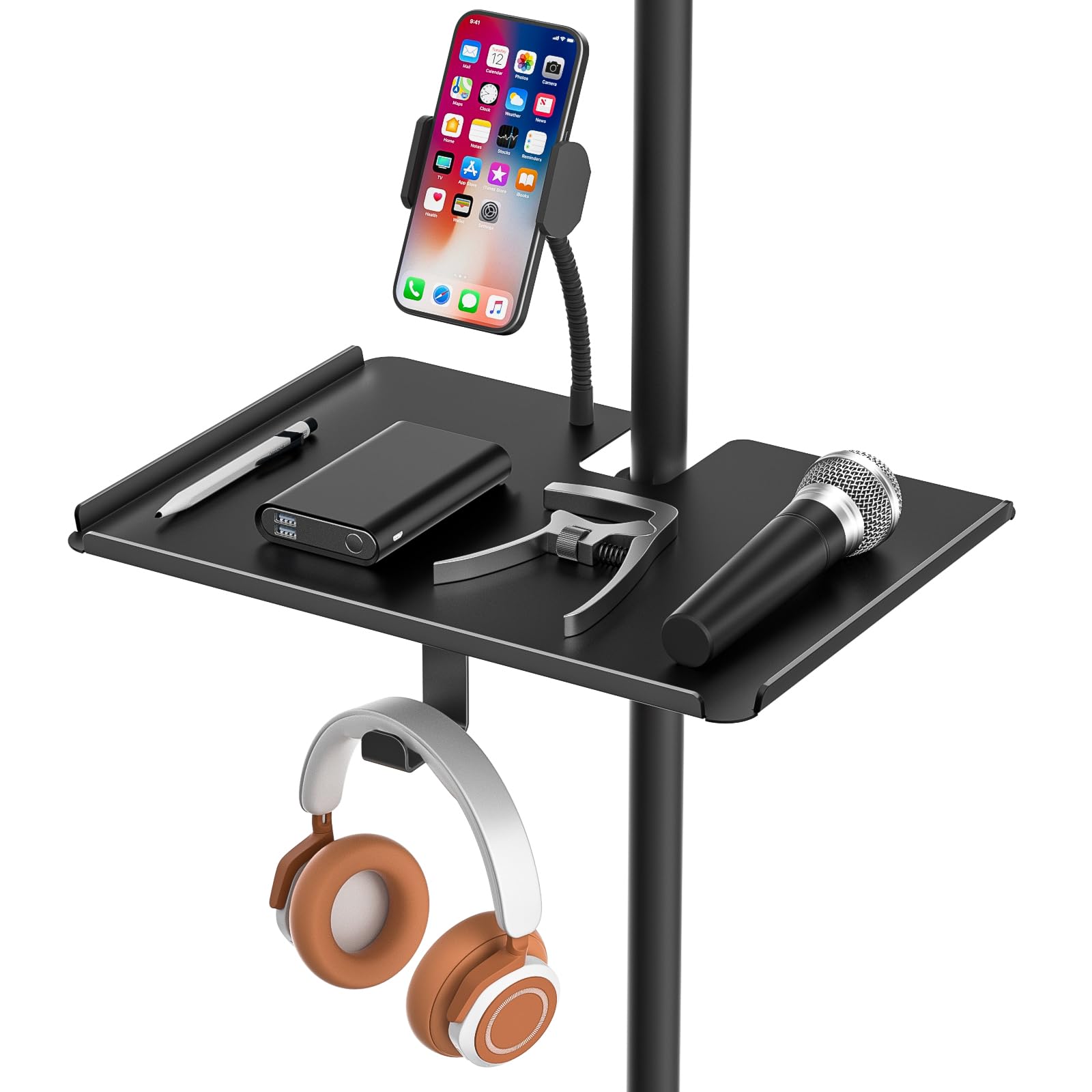 Multi-Functional Microphone Stand Tray with Phone Holder - Universal Metal Mic Stand Tray Shelf Clamp on Music Stand Tray for Studio Concert Karaoke Stands with 11.7" x 7.8" for Storage