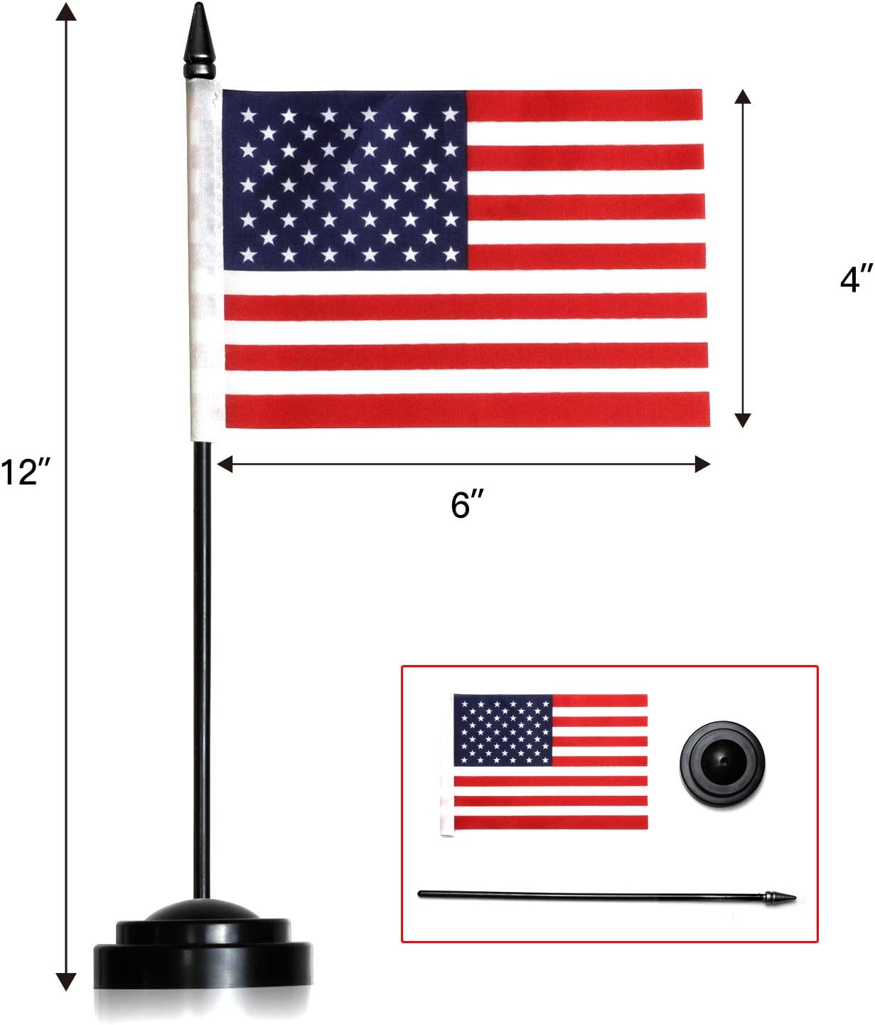 ANLEY USA Deluxe Desk Flag Set - 6 x 4 inch Miniature American US Desktop Flag with 12" Solid Pole - Vivid Color and Fade Resistant - Black Base and Spear Top : Office Products