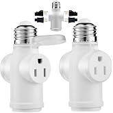 Onite 2-Pack Light Socket Outlet Adapter &ndash; Convert E26 Socket to 3-Prong Plug Outlet with Bulb Socket Kept, Dust-Proof Cover, Flame Retardant PBT, Indoor &amp; Outdoor Use, White