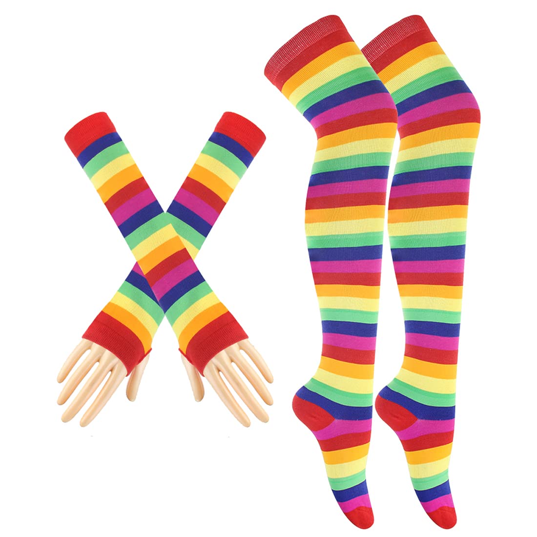 Photo 1 of 2 Pairs Colorful Rainbow Stripe Long Knit Gloves Socks Set Party Costume Accessory (Color b)
