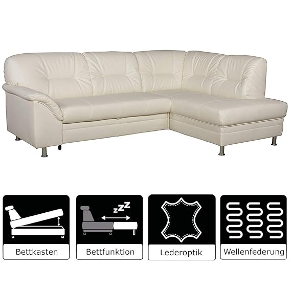 Cavadore Ecksofa Lorcano mit Bett / Helles Schlafsofa mit geräumigem Bettkasten / 237 x 89 x 168 / Kunstleder weiß