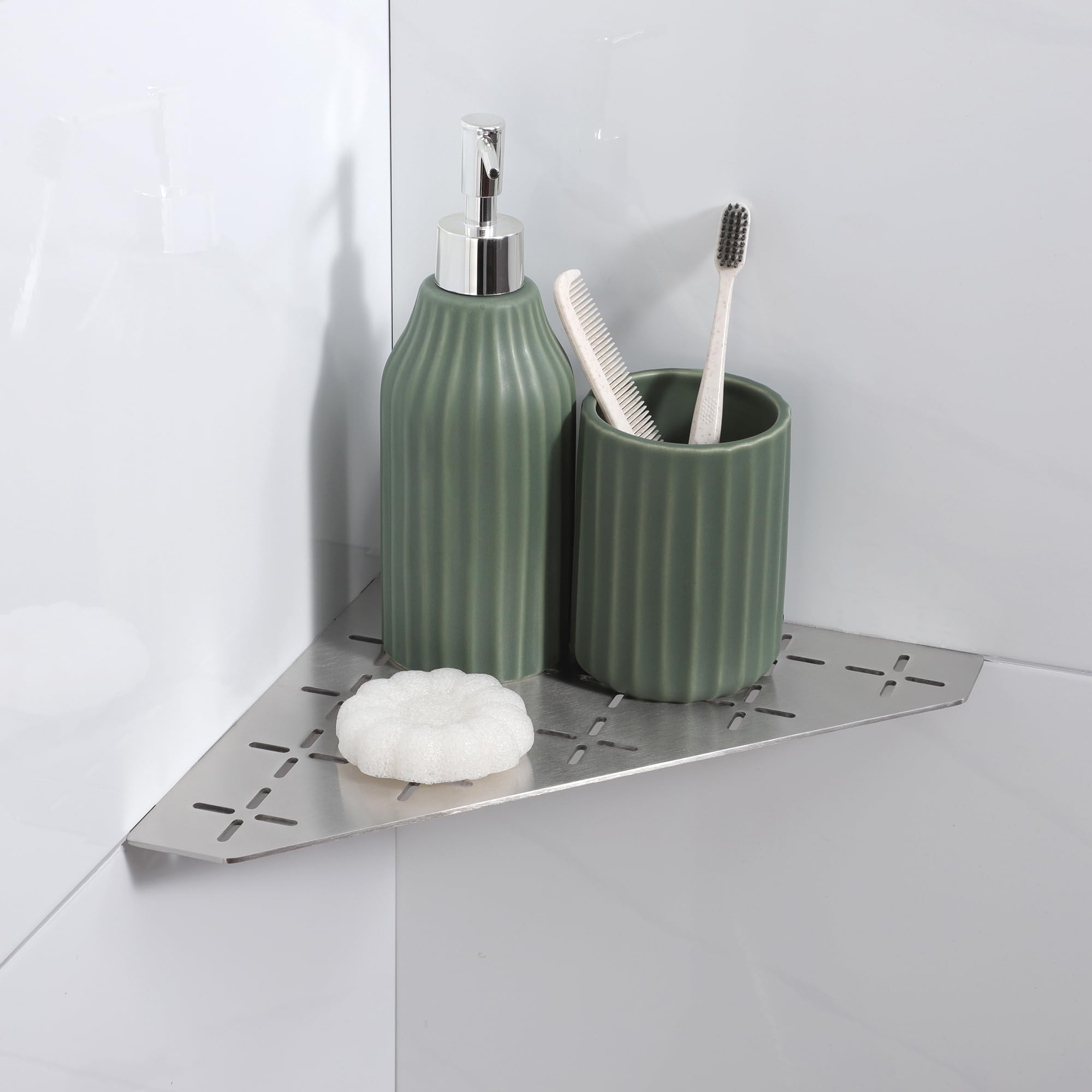 Photo 1 of Xiarnotogi Recessed Corner Shower Shelf, 10" SUS304 Stainless Steel, Heavy Duty Shower Shelf, Grout in Bathroom Shelves for Tile Walls (1 Pack, Cross-Brushed)