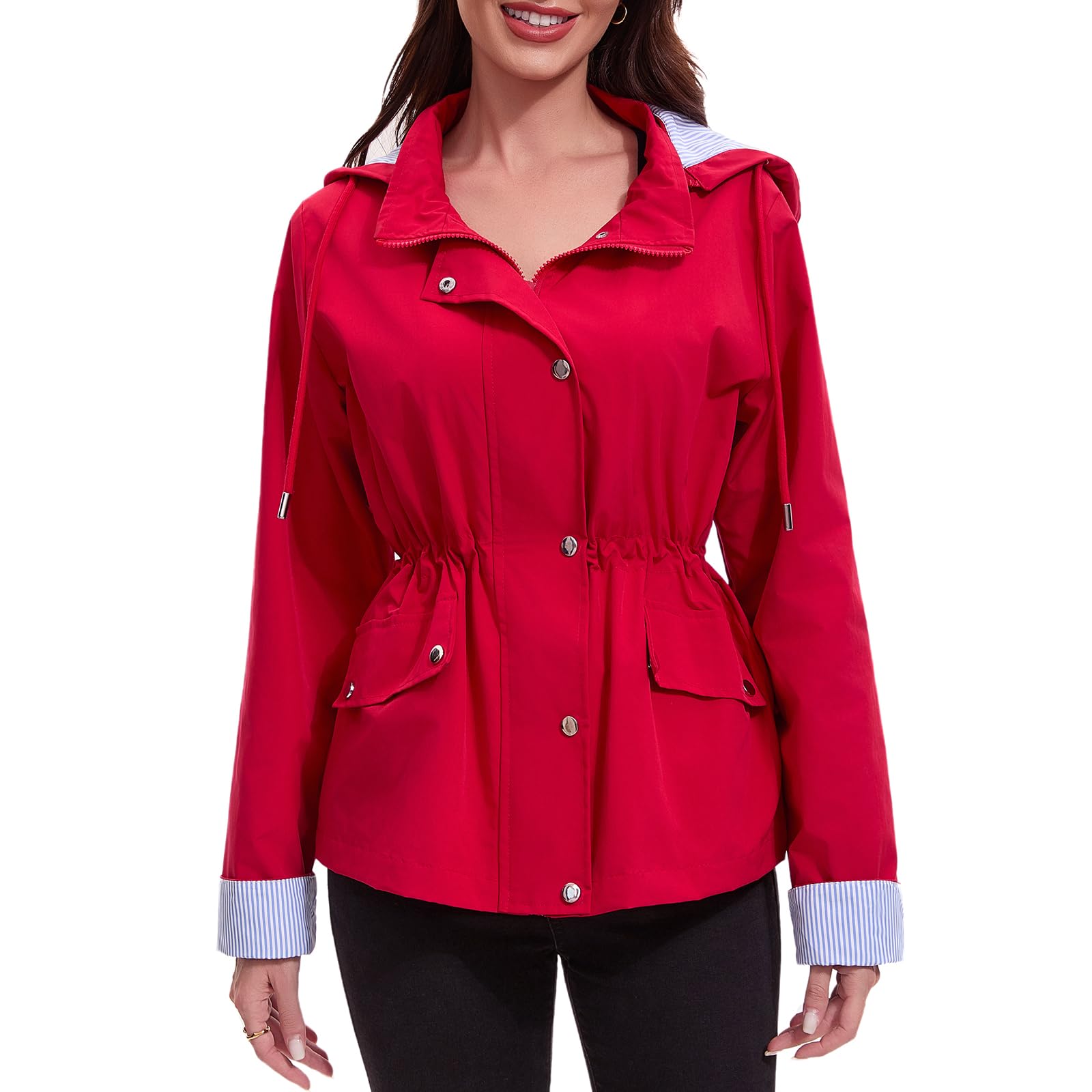 Photo 1 of kikono Fashion Raincoats, Windbreaker with Detachable Hood, Women's Waterproof Short Lightweight Rain Jacket for Outdoor