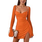 HTZMO Sexy Women's Halter Flounce Sleeves Ruched Mini Dress Sheer Mesh Side Split Cute Party Short Dresses