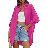 FSHAOES Womens Oversized Button Down Shirts Casual Loose Long Sleeve Solid Lapel Long Blouses Tops with Pockets