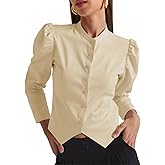 Tankaneo Womens Puff Sleeve Button Down Shirts Cropped Mock Neck Fitted Tops Fall Dressy Casual Cotton Blouse