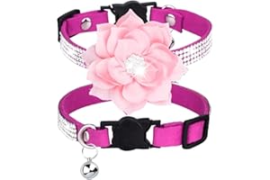 Serijoars Cat Collars,Rhinestone for Girl Cats Bling Kitten Flower Adjustable Breakaway Collar with Bell Soft Velvet Leather Collar for Puppy Small Dogs (Hot Pink1)