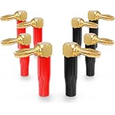 VCELINK Right Angle Banana Plugs, 90 Degree 4mm, 4 Pairs/8 Pack | 24K Gold Plated Dual Screw Type Speaker Connector for Speaker Wire, Red and Black