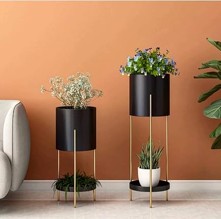S.F.Decor Iron 2 Tier Decorative Metal Tall Plant Stand, Black Pot Gold Stand, Large-30, Medium-25