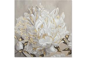 Goldfoilart Floral Wall Art White Blooming Flower Canvas Pictures Modern Paintings with Gold Foil Framed Artwork for Living Room Bathroom Bedroom Kitchen Office Wall Decor 24" x 24"