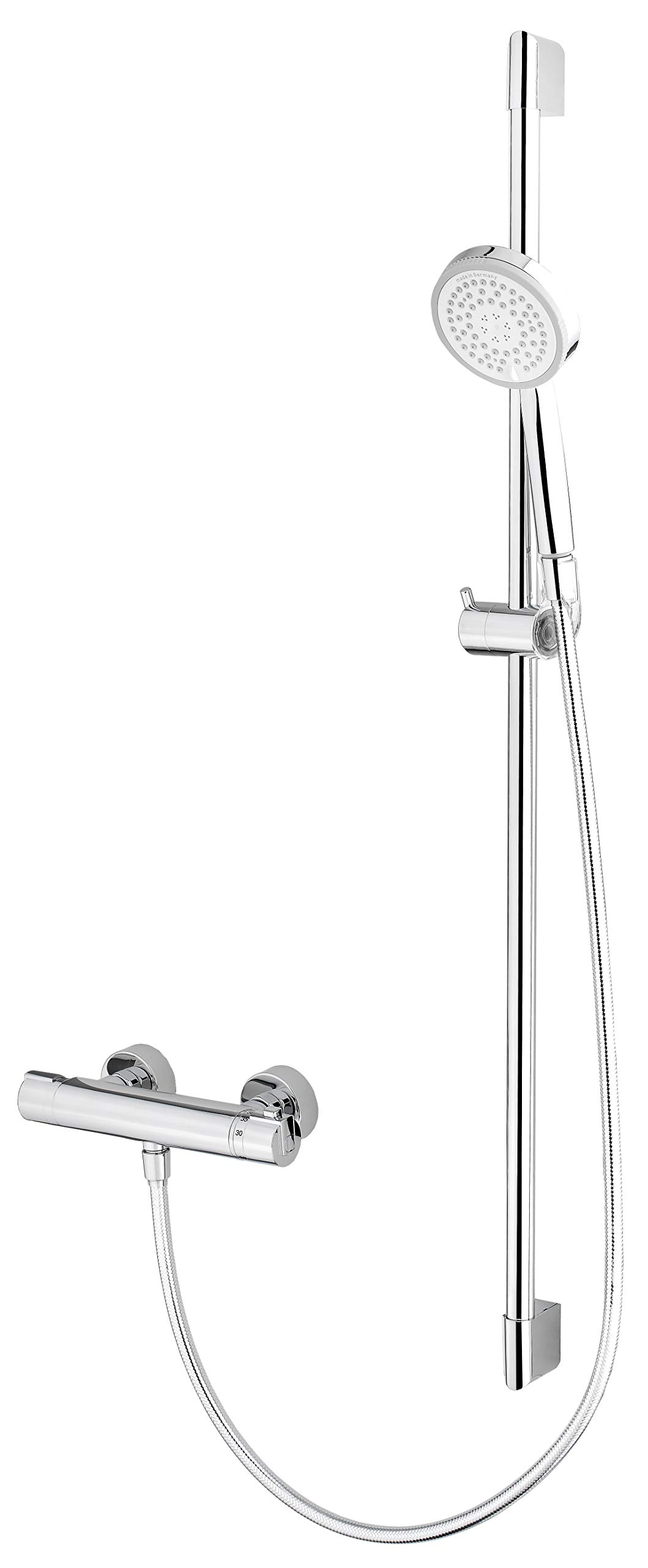 Delvac 218062MC017 Shower Set (Hose, Wall Rail, Shower and Thermostatic Mixer Tap with Anti-Limescale Knobs Length 160 cm) Chrome