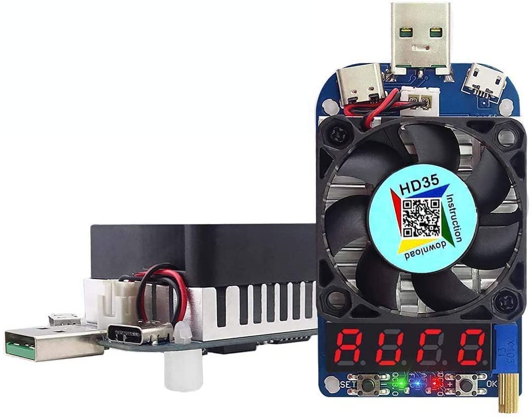 Fasizi Electronic Load Tester USB Load Resistor Module Trigger QC2.0 QC3.0 35W 0.25-5A HD35 USB Interface Discharge Adjustable Constant Current Intelligent Temperature Control with Cooling Fan