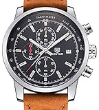 FOVICN Men's  Fashion Business Quartz Watch with Brown Leather Strap Chronograph Waterproof Date Display Analog Sport Wrist Watches, Black
