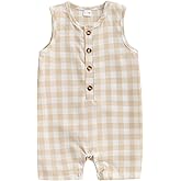 Infant Baby Boys Summer Cotton Linen Romper Sleeveless Plaid Solid Button Up Jumpsuit Overalls One Piece Outfits
