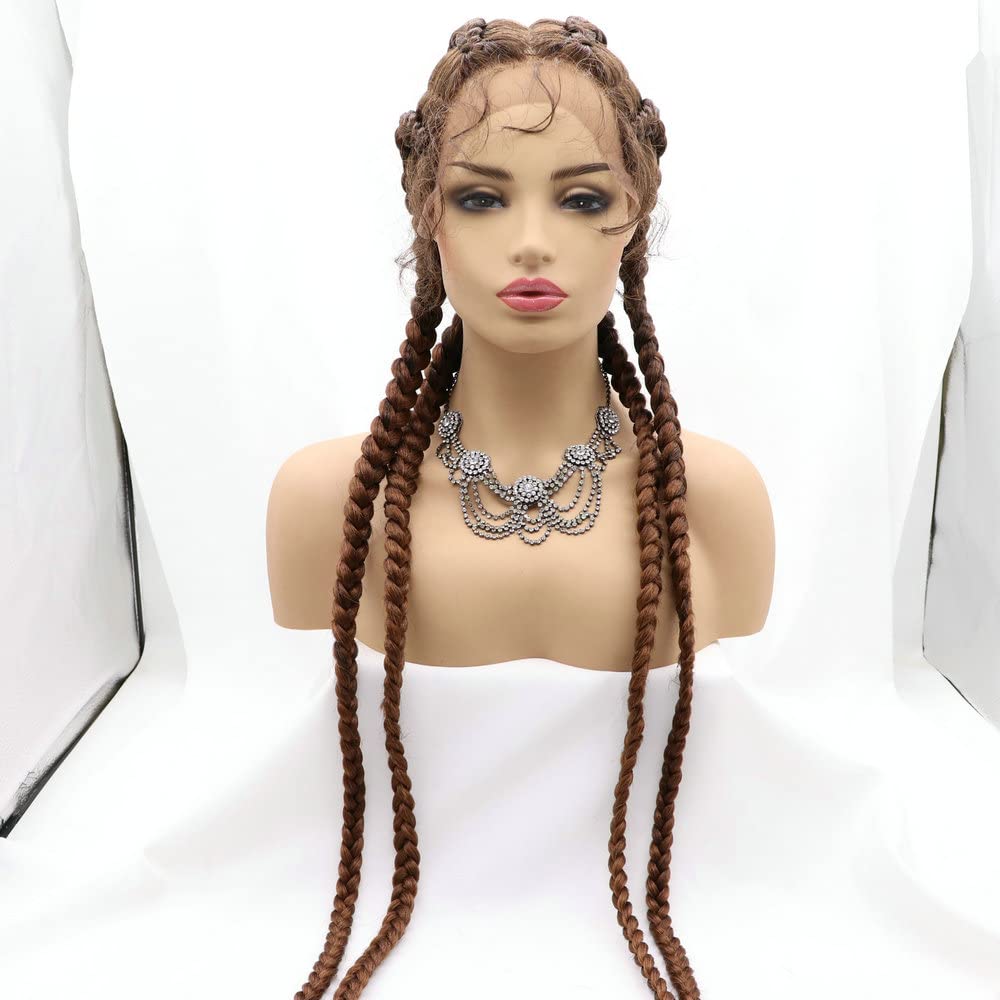 SERENEWIG 1B/30 Brown Blonde Ombre 4xTwist Braids Wigs Extra Long Synthetic Lace Front Wigs for Women Dutch Cornrow Braids with Baby Hair Long Braided Hand-made Wigs