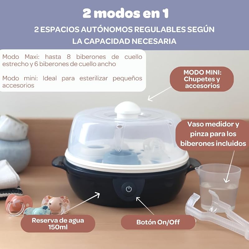 , Esterilizador de biberones 2 en 1, Evolutivo, Vapor eléctrico, 2 en 1, 2 compartimentos, hasta 8 biberones y accesorios, Ultra rápido, Temporizador, Steril'Express, Azul noche