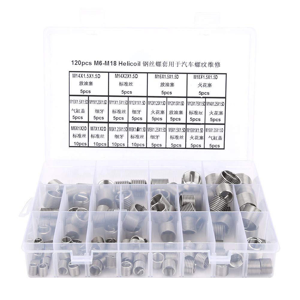 120 PCS M6-M18 Thread Metric Inserts & Repair Kits,Stainless Steel Thread Repair Insert Hardware,with storage case, for Car Thread Repair