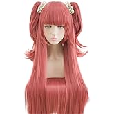 Anime 100cm Long Straight Deep Pink Cosplay Wig Clip Double Ponytails Christmas Party Wigs+ Cap