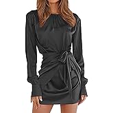 G&Y Women's Satin Tie Waist Mini Dresses - Long Sleeve Solid Party Short Dresses