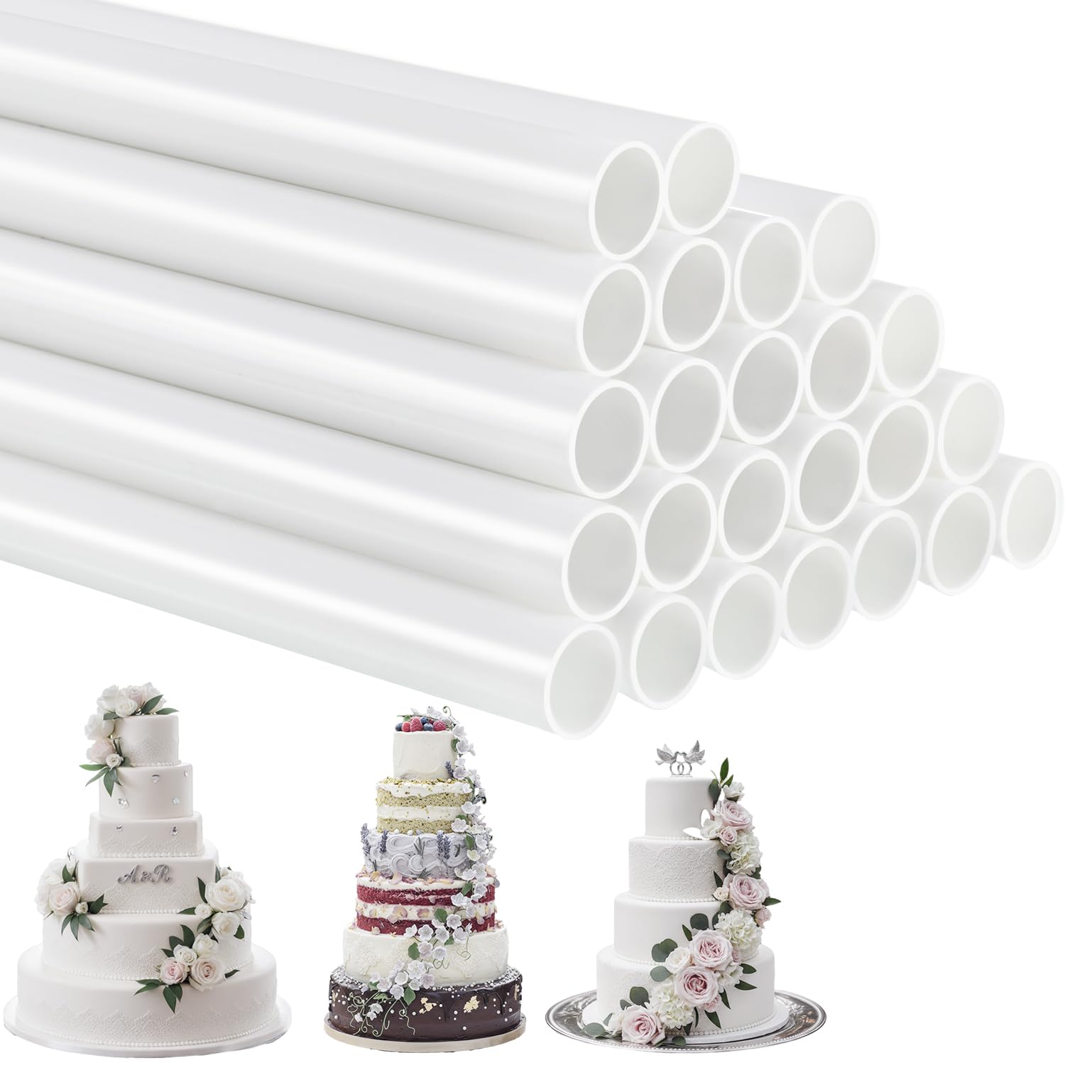 24 Pieces Plastic White Cake Dowel Rods for Tiered Cake Construction and Stacking (0.4 Inch Diameter 12 Inch Length)