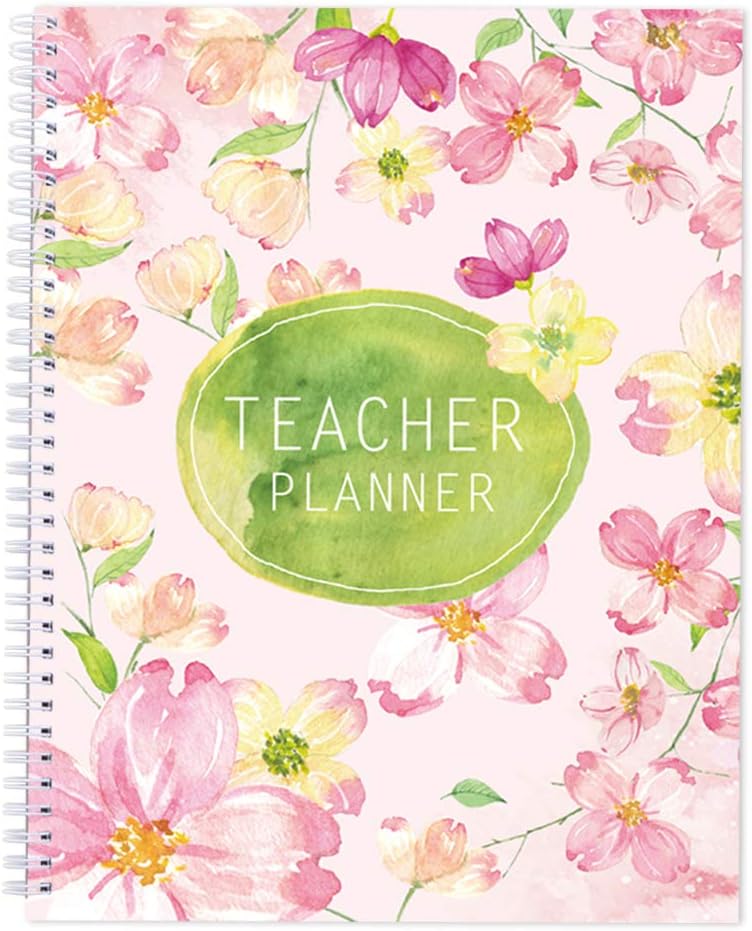SICOHOME Teacher Planner, 40 Weeks, 8 1/2" x 11" Flexible Cover,Twin-Wire Binding - Watercolor Floral-Pink