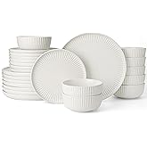 Famiware Starlight Plates and Bowls Dishes Set of 8 (24 Pieces), Ribbed Textured Stoneware Dinnerware Sets- Dishwasher & Microwave Safe, Chip Resistant, Matte Reactive White