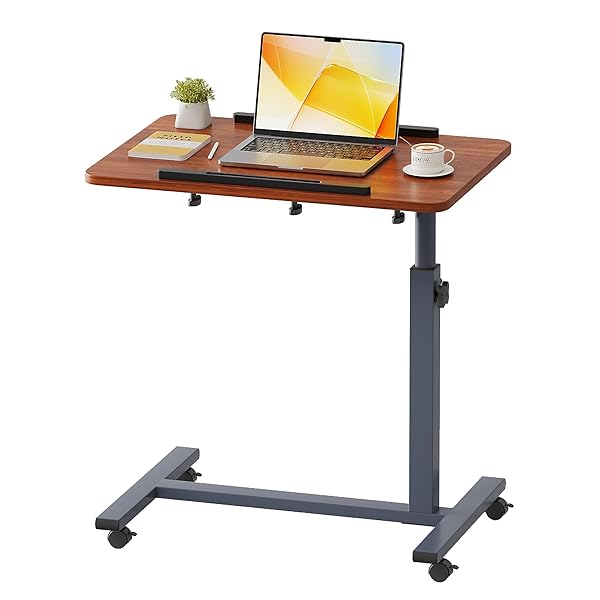 LAPTOP TABLE MOBILE ADJUSTABLE HEIGHT PORTABLE DESK NOTEBOOK SWIVEL PC COMPUTER ROLLING DESK WITH WHEELS, LAPTOP STAND FOR COUCH BEDSIDE HOSPITAL BED TABLE (DARK WALNUT)