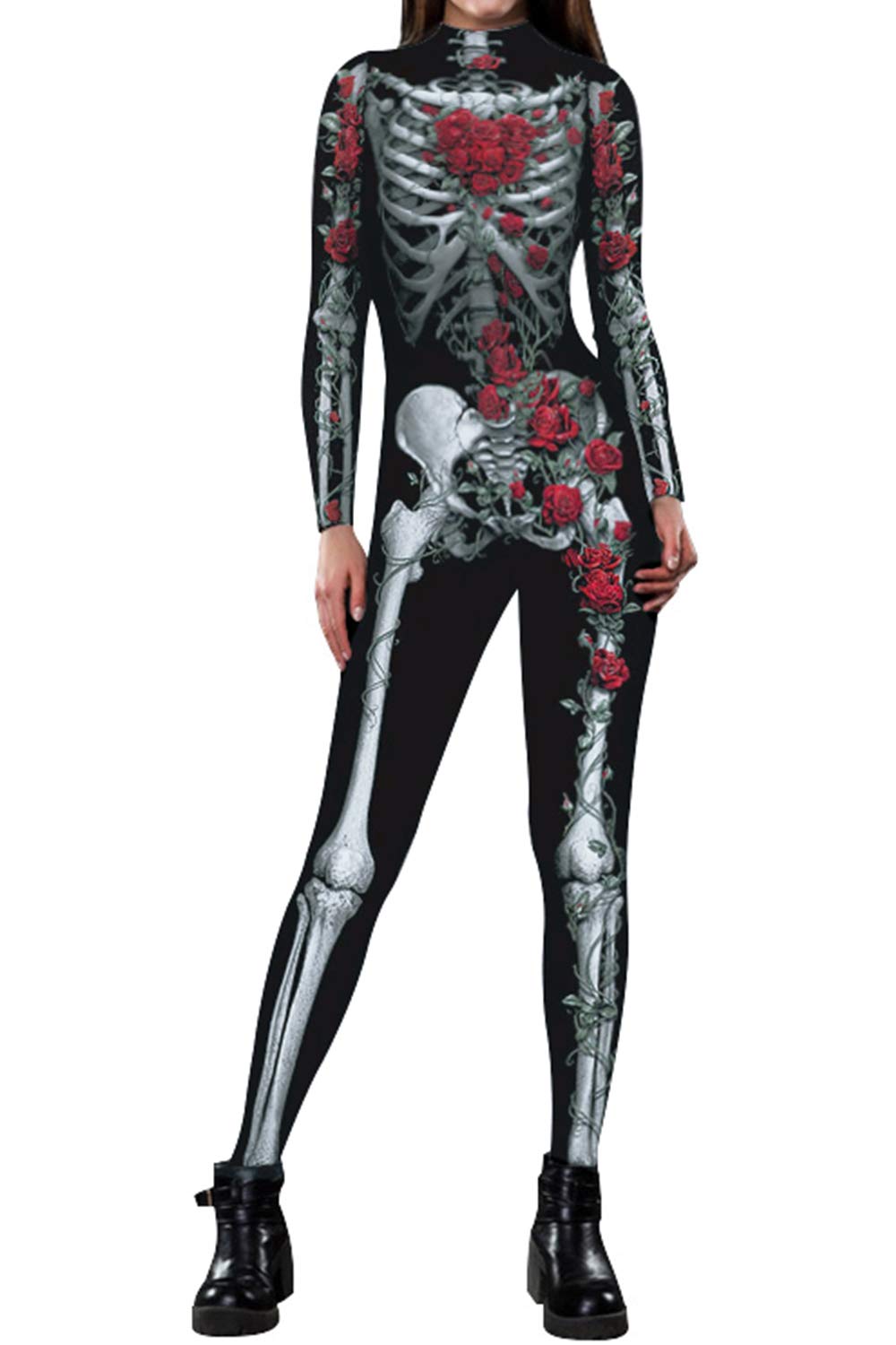 Photo 1 of ALBIZIA Women's Rose Skeleton Printed Hallowmas Costume Jumpsuit Romper 1-Rose Skeleton S/M